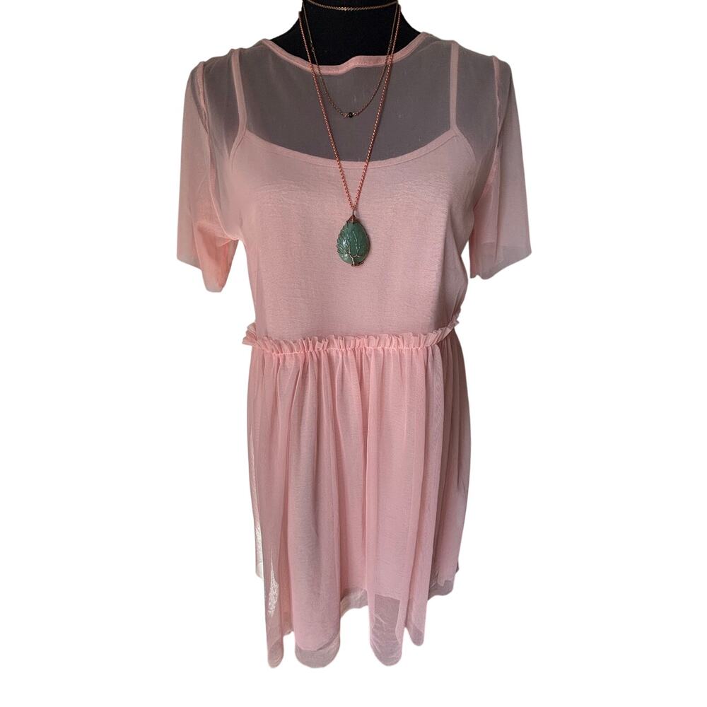 Muse Valley Mini Dress Babydoll Pink Peach Round Neck Tiered Medium 2 Piece